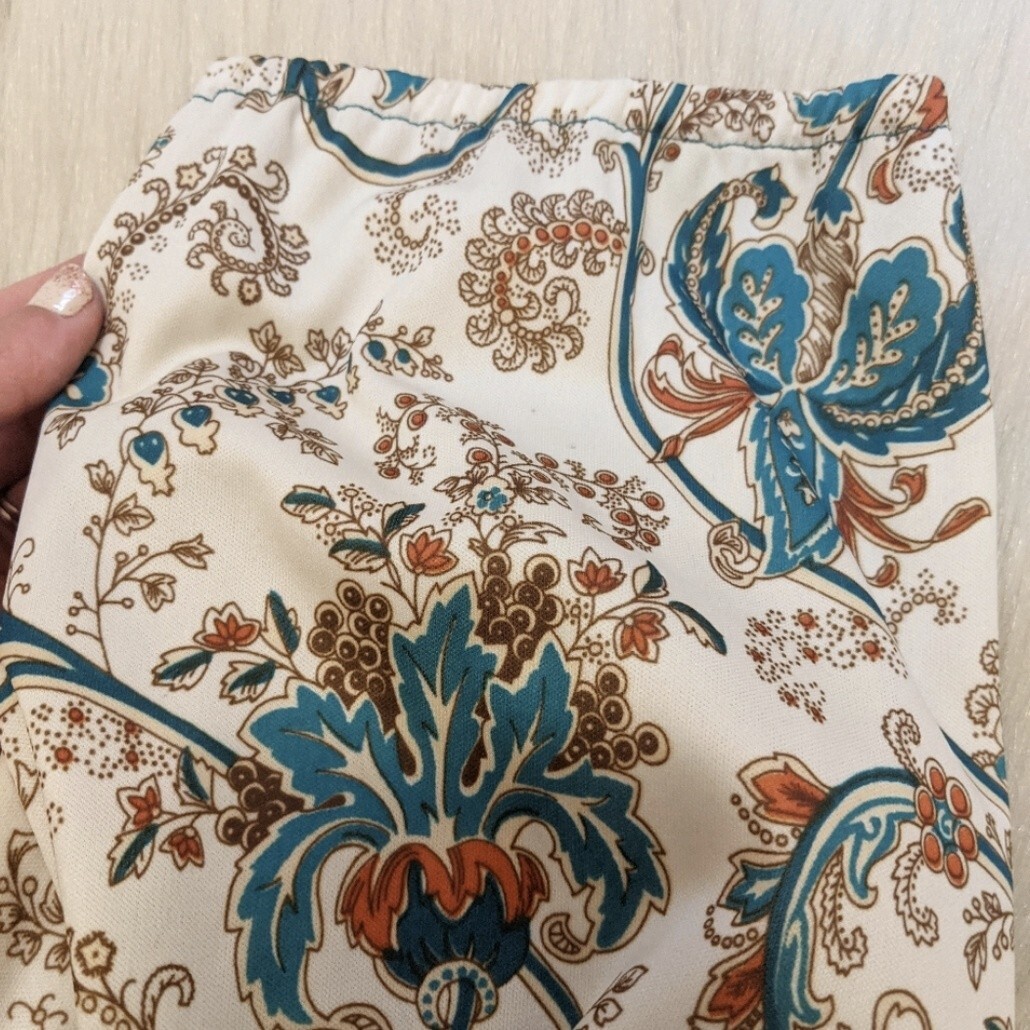 Vintage teal, cream and orange paisley print dress with green skirt size M/L