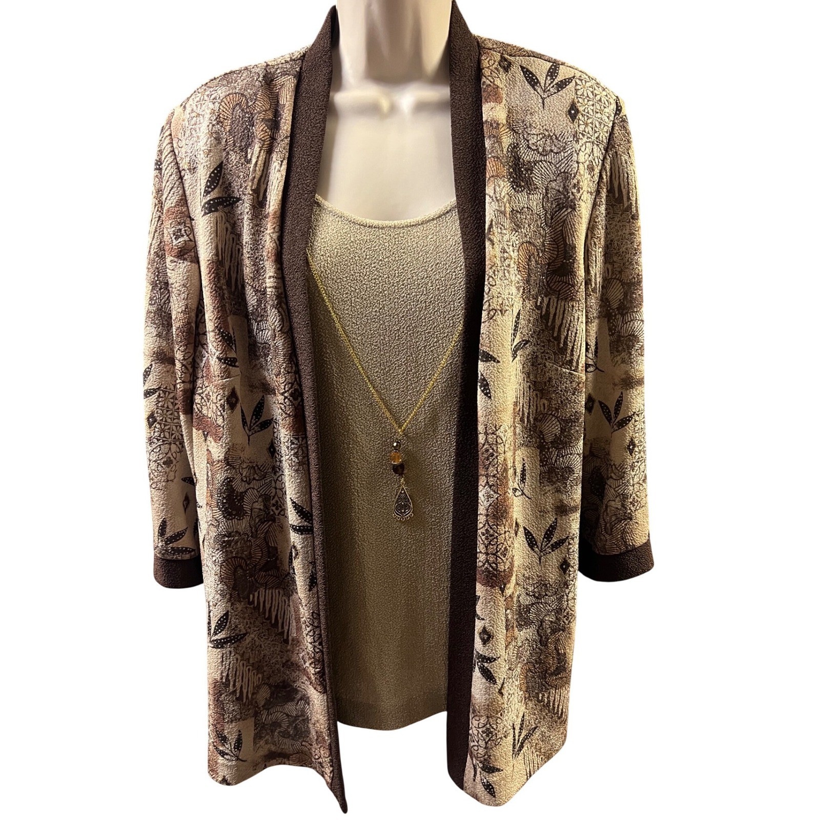 R&M Richards Jacket Tank Set 14 Mocha Brown Batik Floral Necklace Shoulder Pads