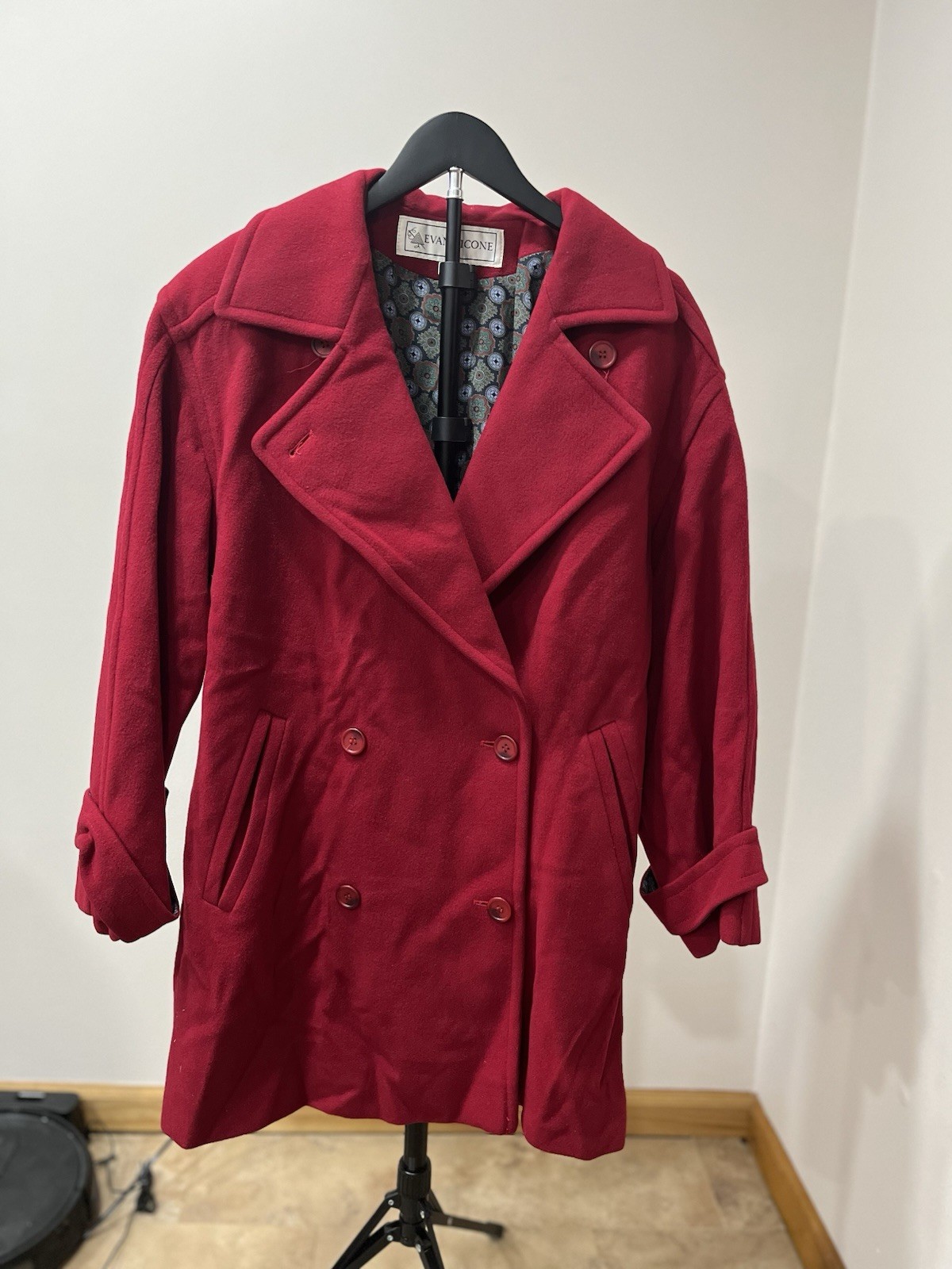 Vintage Red Evan Picone 100% Wool Full Length Double Breasted Coat Made in Italy