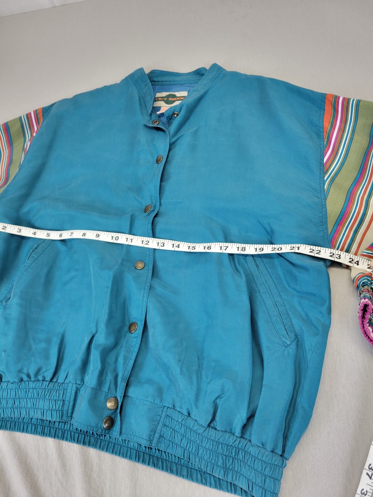 Out Brook Snap Up Track Suit 100% Silk Teal Stripes Boho 80’s Vintage