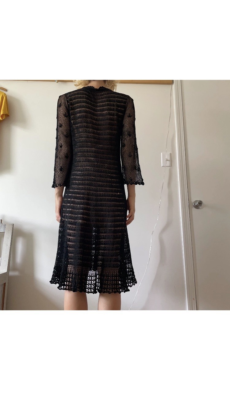Vintage Black Cotton Hand Crochet Dress Long Sleeve Open-weave lace Knotted Cott
