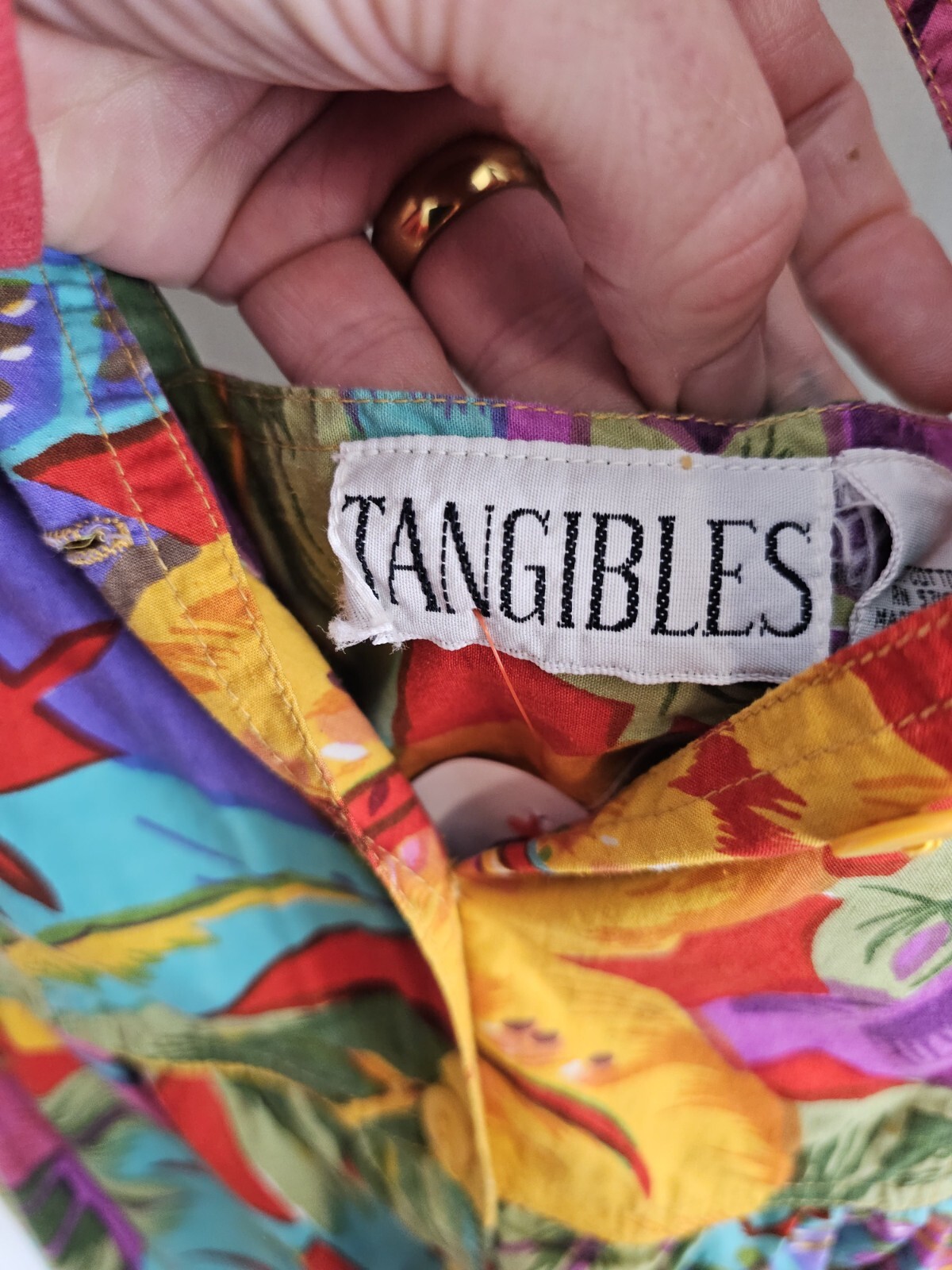 90s Vintage Dress Peek Hole Back Tropical Print Button Front Flare Pockets M