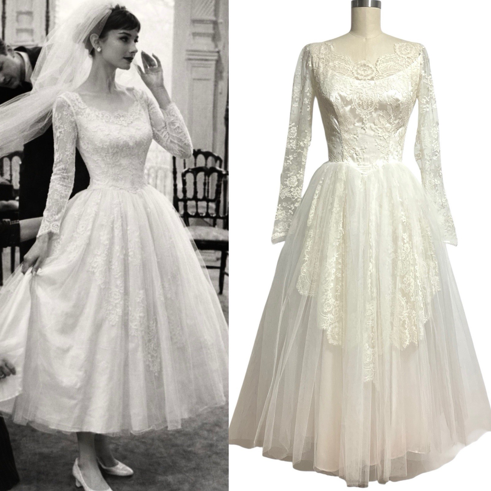 VTG 1950s 60s Lace Tea Length Wedding Dress XS Audrey Hepburn Modest MCM Bride