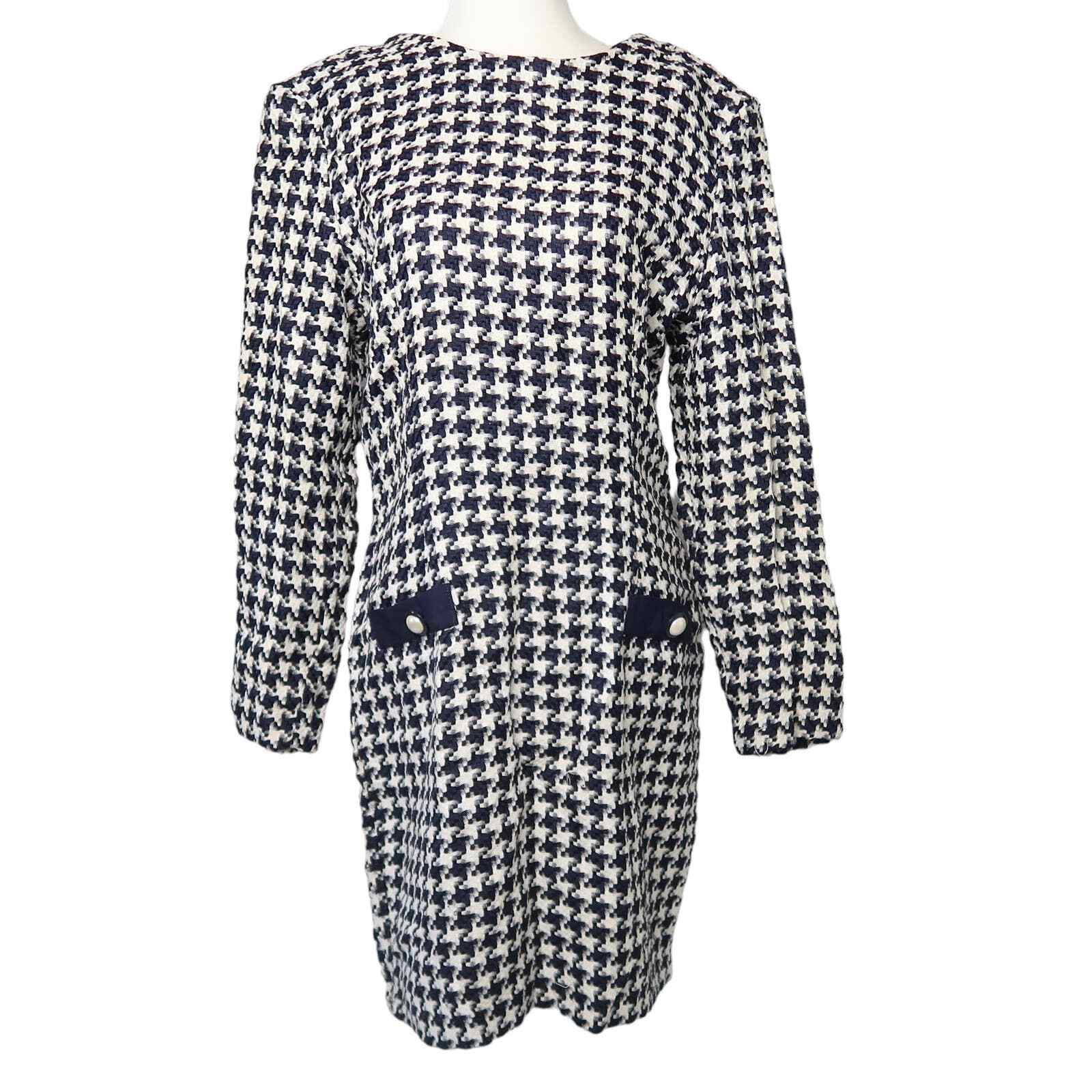 Vintage 90s Byer navy blue and cream houndstooth mini sheath dress 13