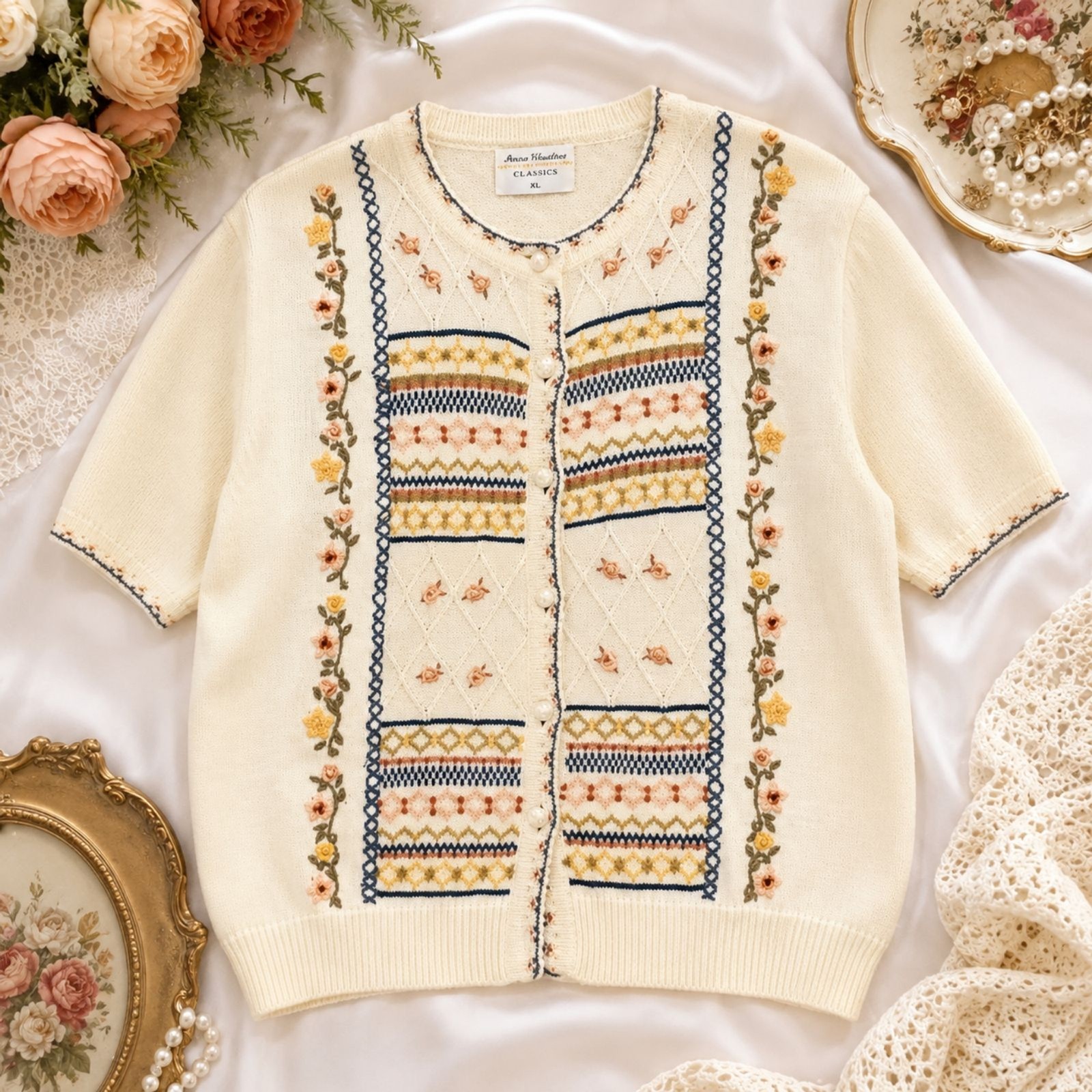 Vintage Marisa Christina Floral Embroidered Sweater Cardigan XL