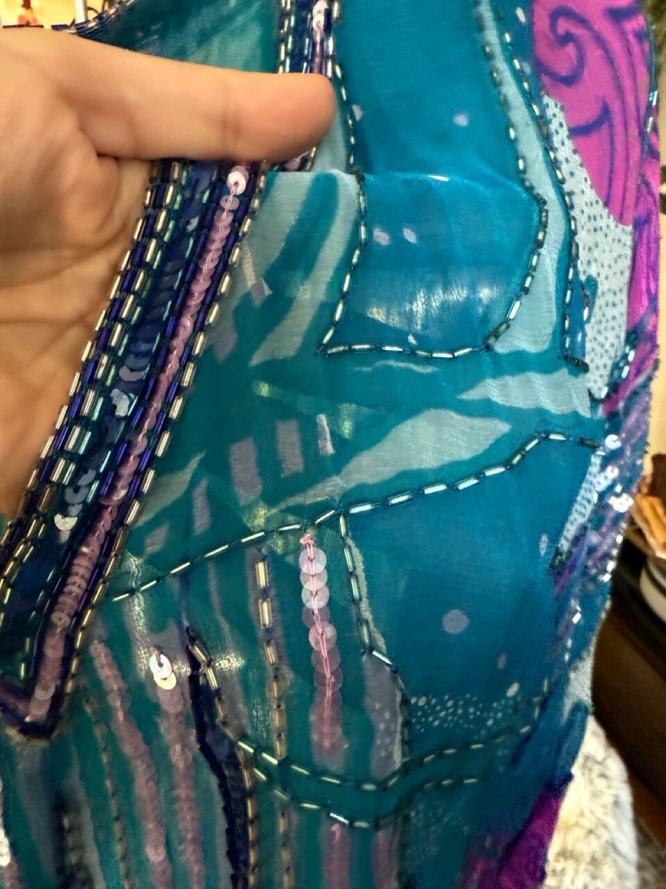 Electric blue and purple vintage silk top, beaded, sequin