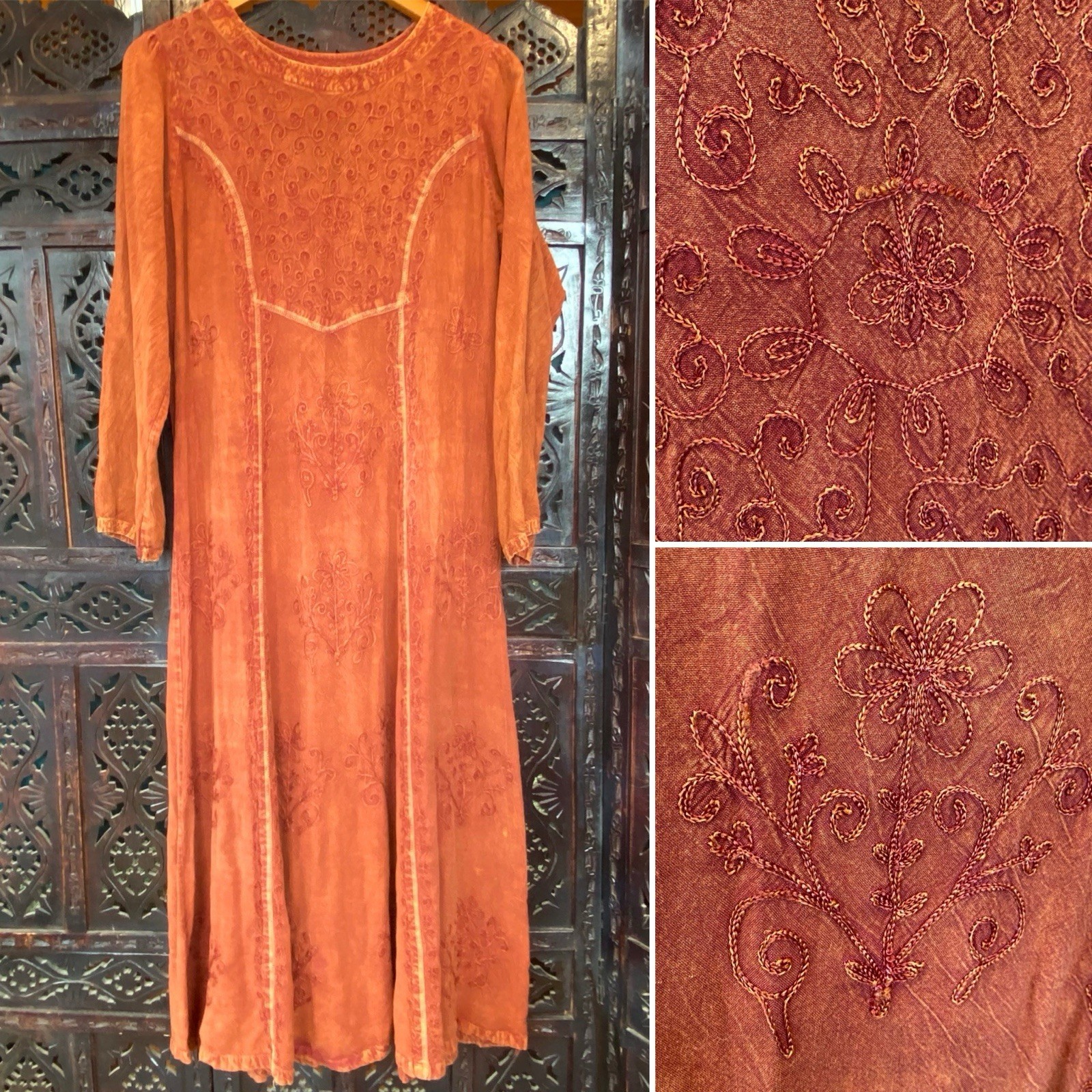 VTG 90s Boho Folk Embroidered Maxi Dress Womens M Rust Brown Ren Fair Hippie