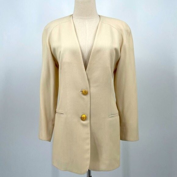 Michael Kors Italy Vintage woman long blazer tan wool blend 4 BoxT gold button
