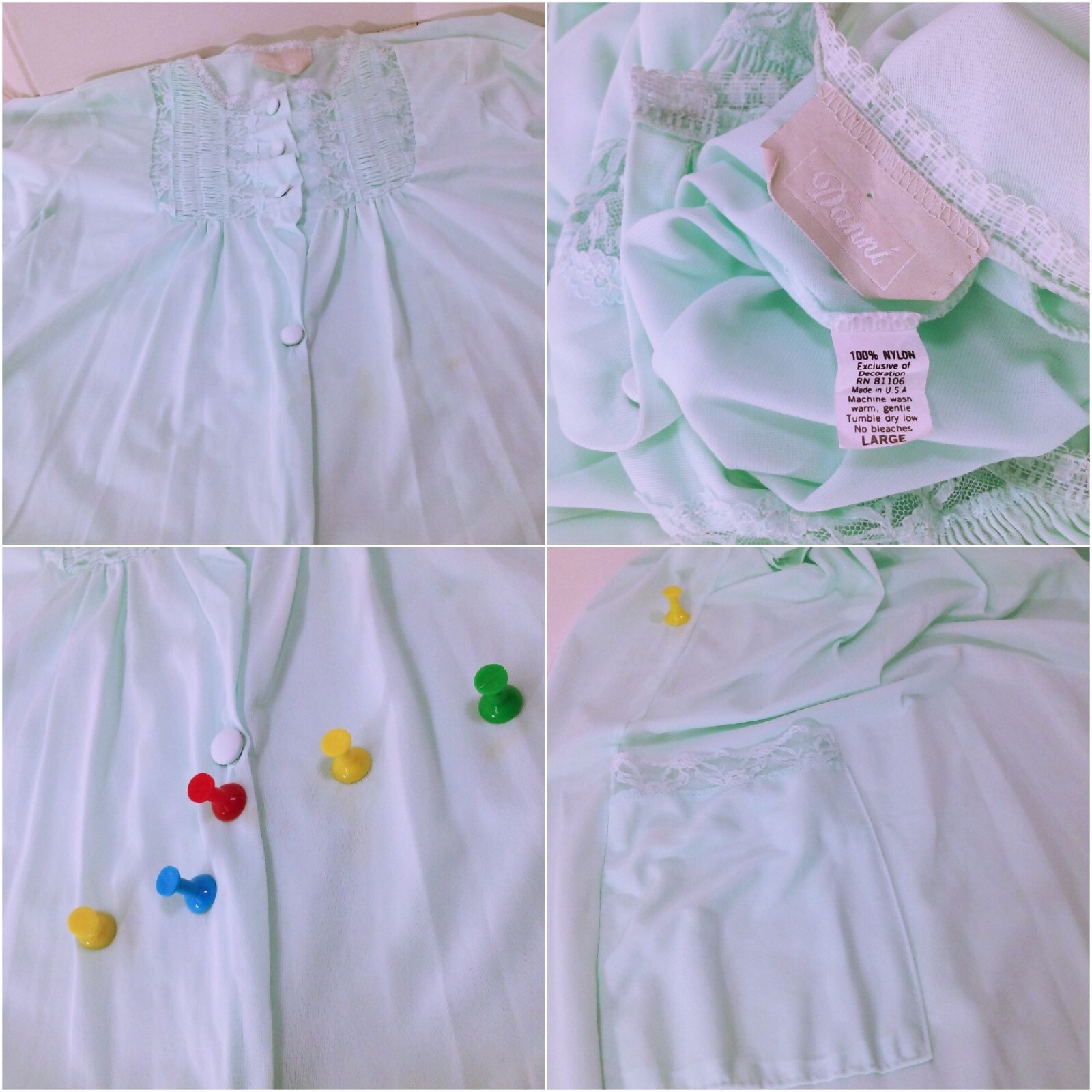 Vintage 80s Danni Dressing Gown Robe -L Pocket Ruched Lace Buttons SSL Nylon