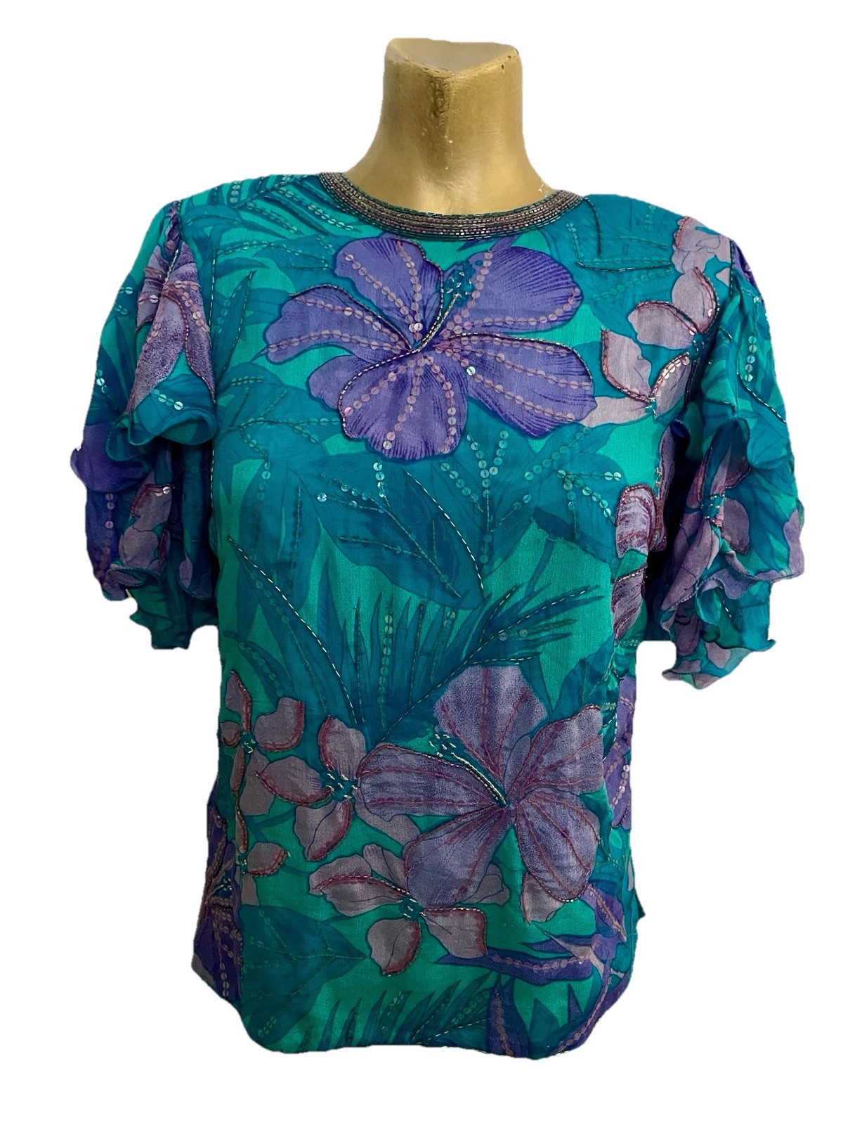JUDITH ANN CREATIONS Vintage 80’s SILK Beaded TROPICAL Floral BLOUSE Size Small