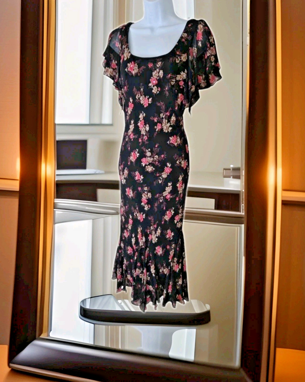 Dressbarn Maxi Dress M Black Floral 90s Chiffon Fairycore Whimsigoth Witchy Y2K