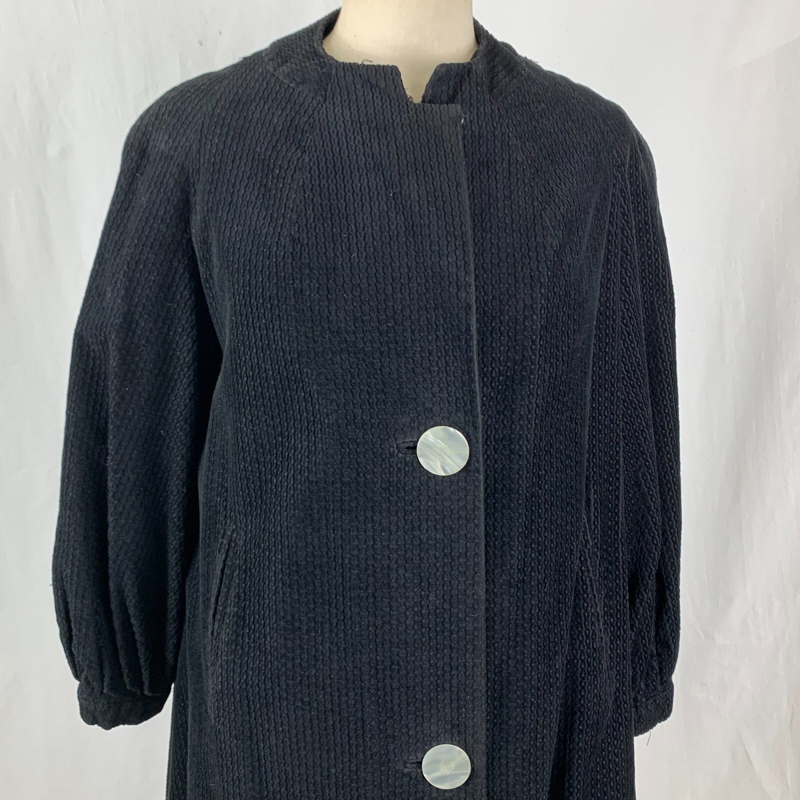 Vintage 50s Aubrey Segal Swing Coat M Black Corduroy Red Lining Mother of Pearl