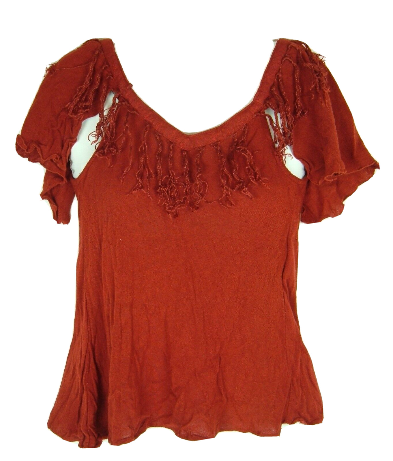 Vtg Top 70s Eletra Peasant Gauze Fringe Hippy Boho Festival S peekaboo sleeve