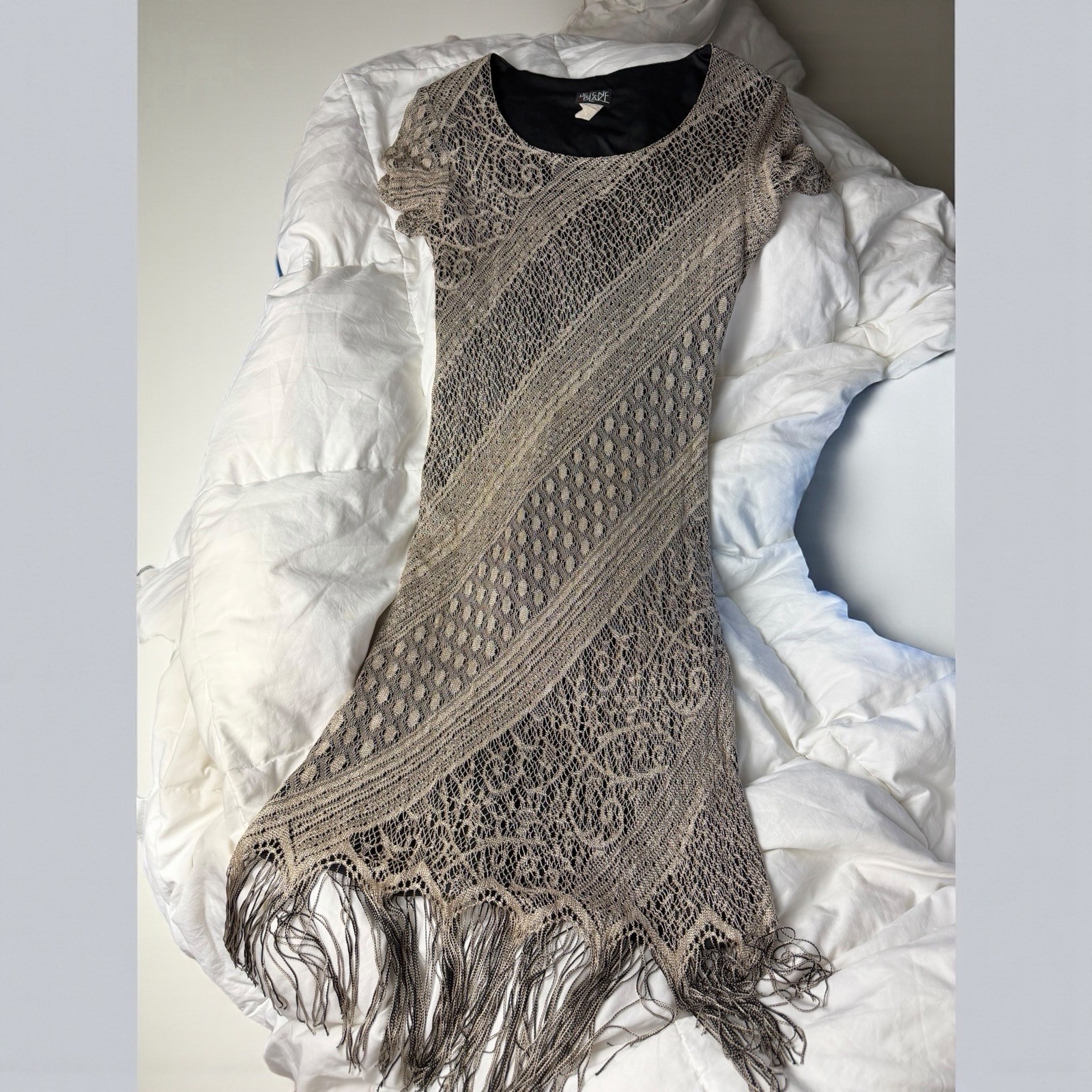 Vintage 90s Gold Sheen Crochet Lace Fringe Flapper Dress Pointelle Mesh Small