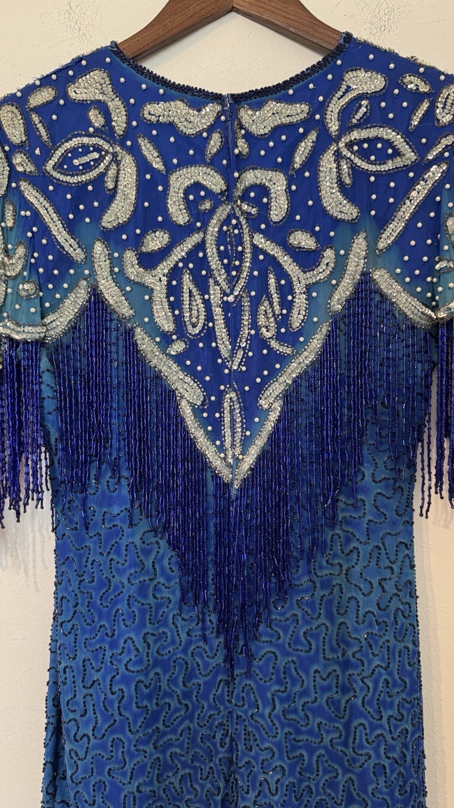 Sweelo Sequin Beaded Silk Formal Evening Dress 8-10 Fringe 80s Vintage Gatsby