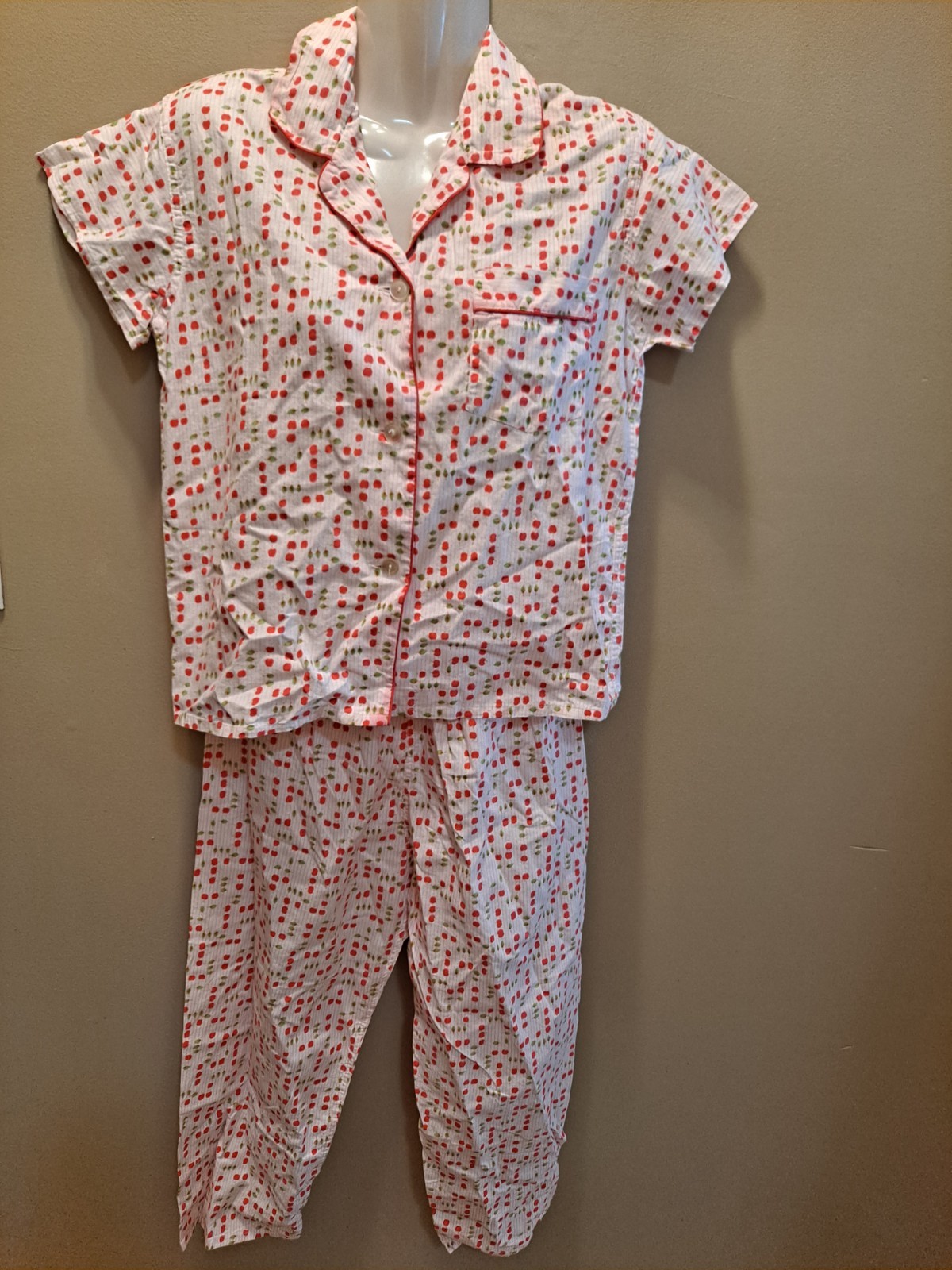 Vtg RADLEE LINGERIE CO. All Cotton Apple PAJAMA 2-pc SHIRT & PANTS ~ 34 Small