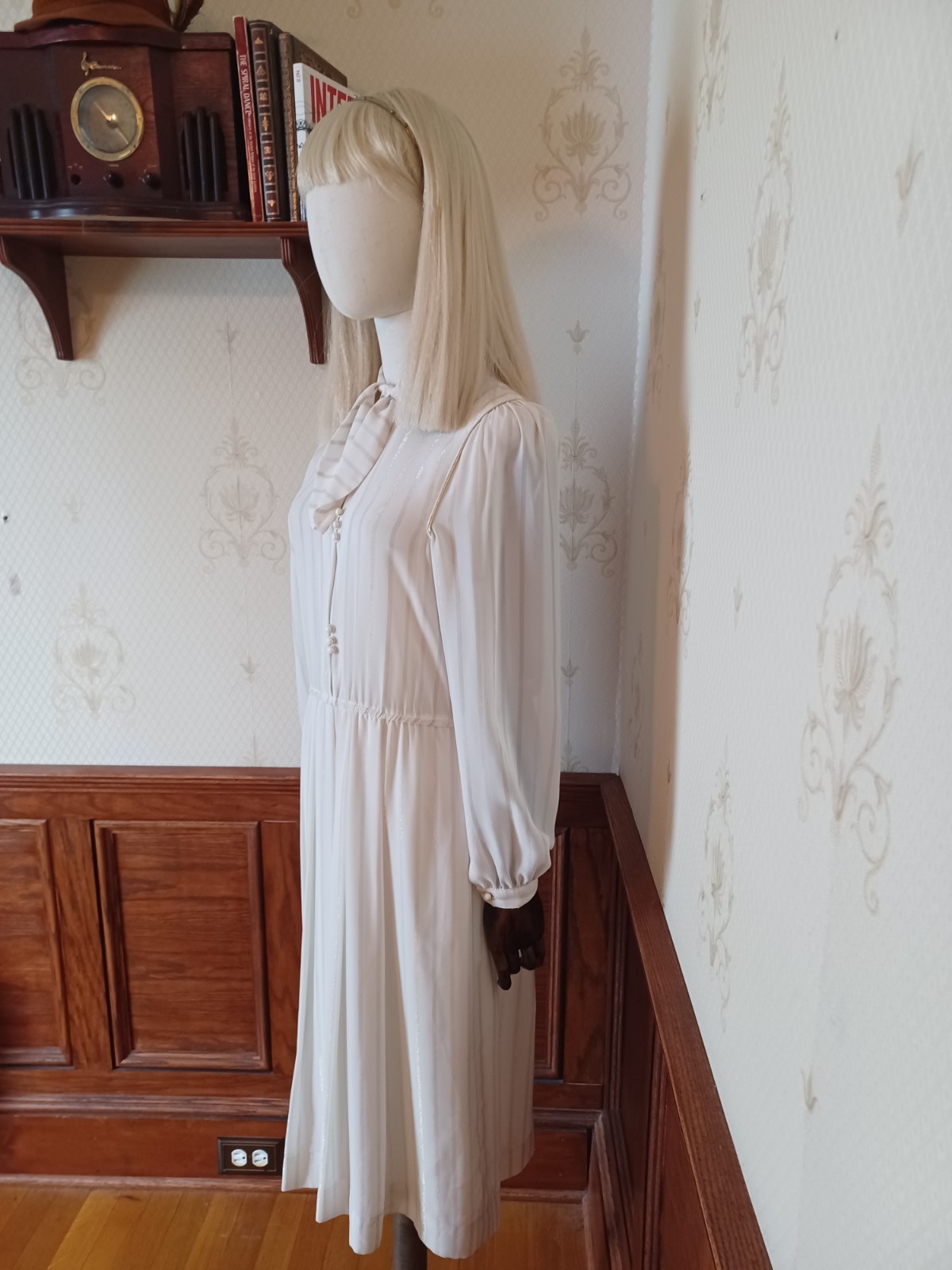 Vintage 70s/80s White Pussybow Semi-Sheer Dress with Gold and Silver Accents