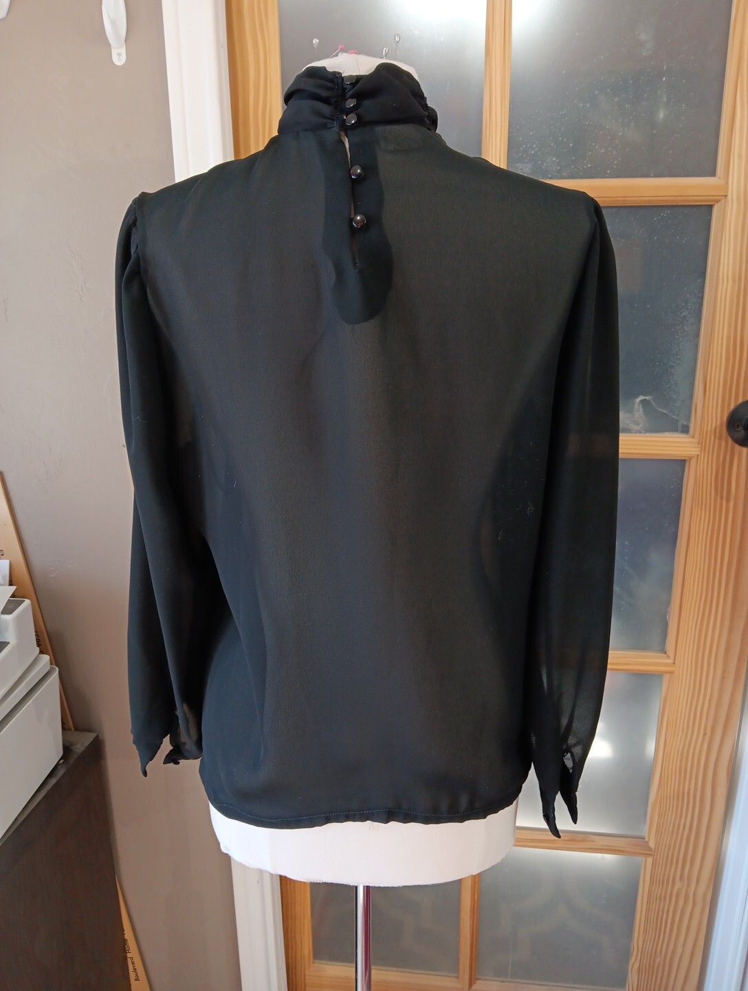 Vintage Sheer Blouse Black Sz 14 Union Label Rhonda Lee Pleated Button Back 70s