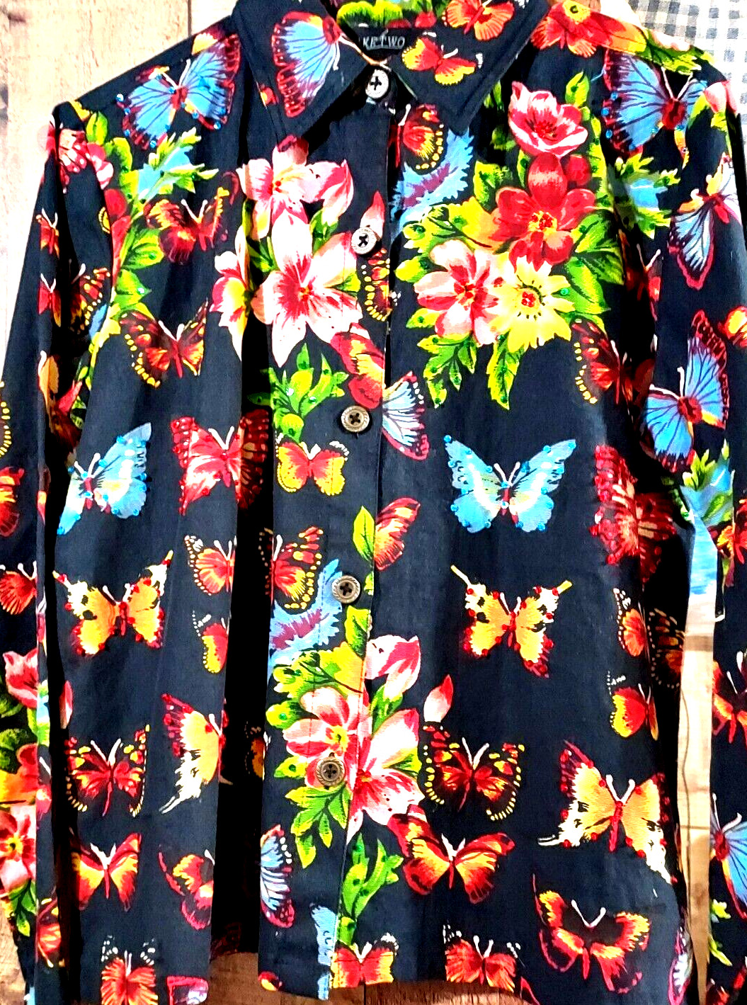 Vintage Take Two Cotton Black Canvas floral butterflys sequin jacket size small