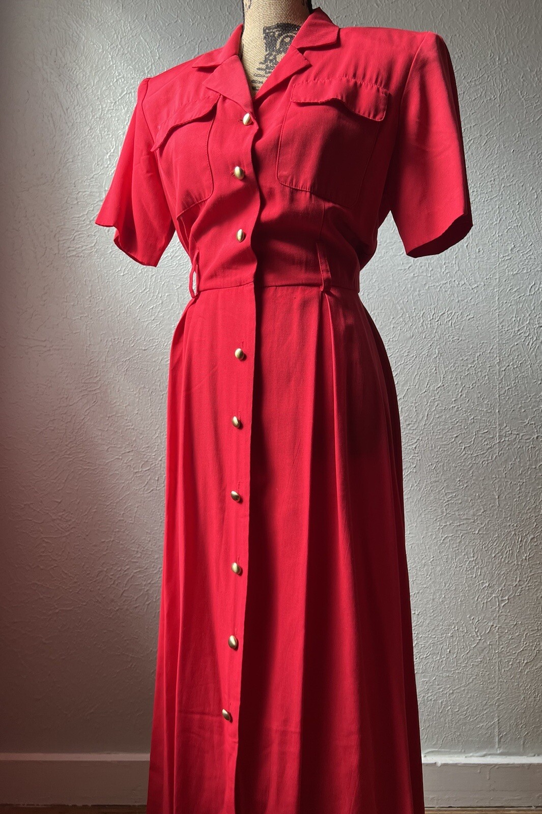 1980s Lipstick Red Button-Up Shirt Dress S M 80s Stranger Things Secretary Retro