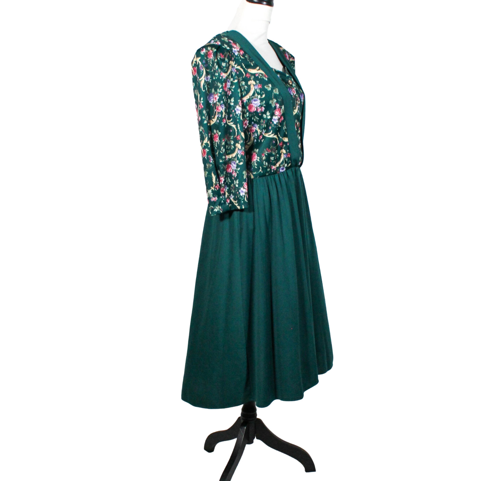 Vintage 70s 80s Hunter Green Floral Dress Cottagecore High Tea Size L–XXL