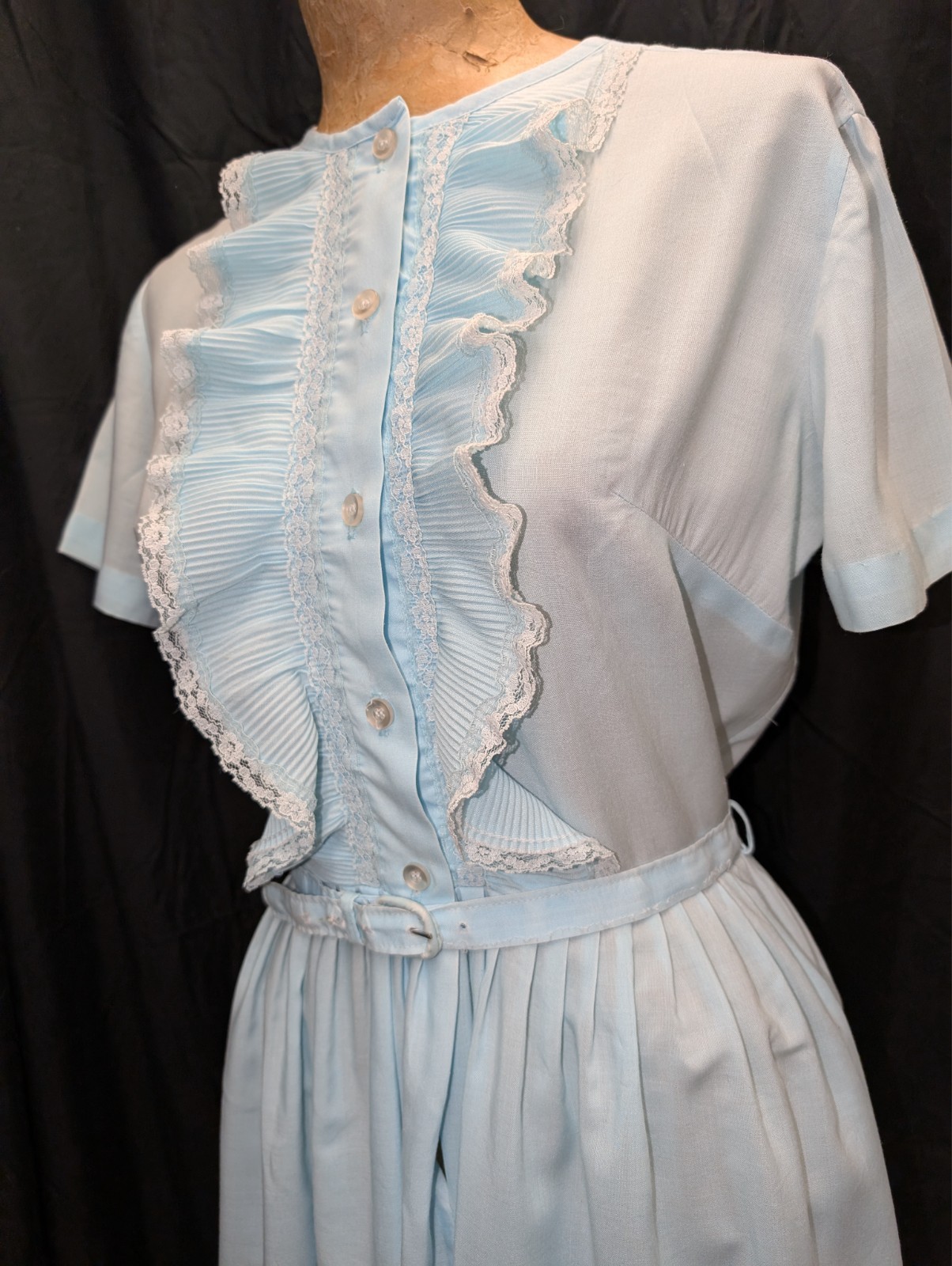 1960s 70s Blue Cotton Blend Lace Trim Dress by NPC Fashions M
