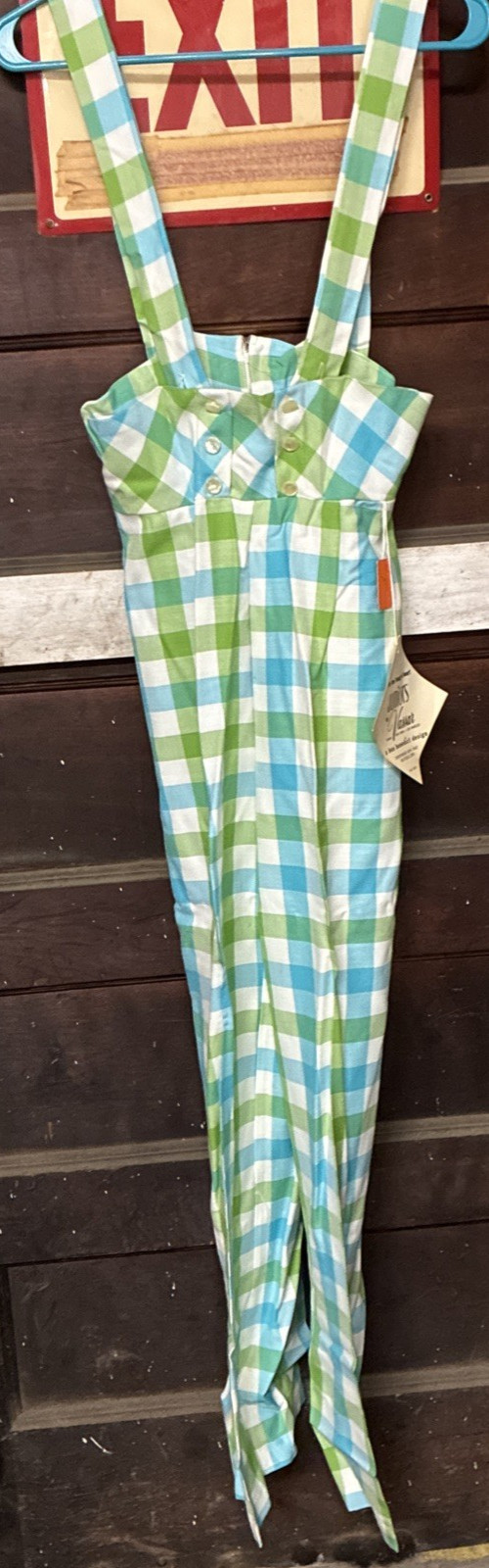 Vintage 50s Juniors by Vassar Blue Green & White Plaid Pants w/Suspenders Size 7
