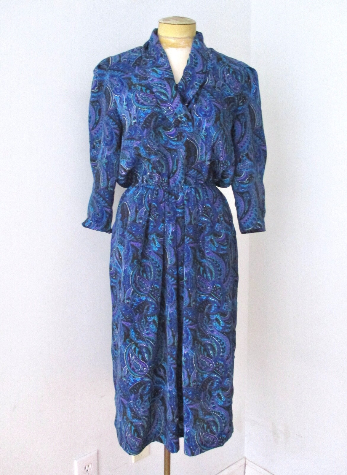 Vtg 80s purple blue paisley silky poly secretary dress pockets elastic waist PM