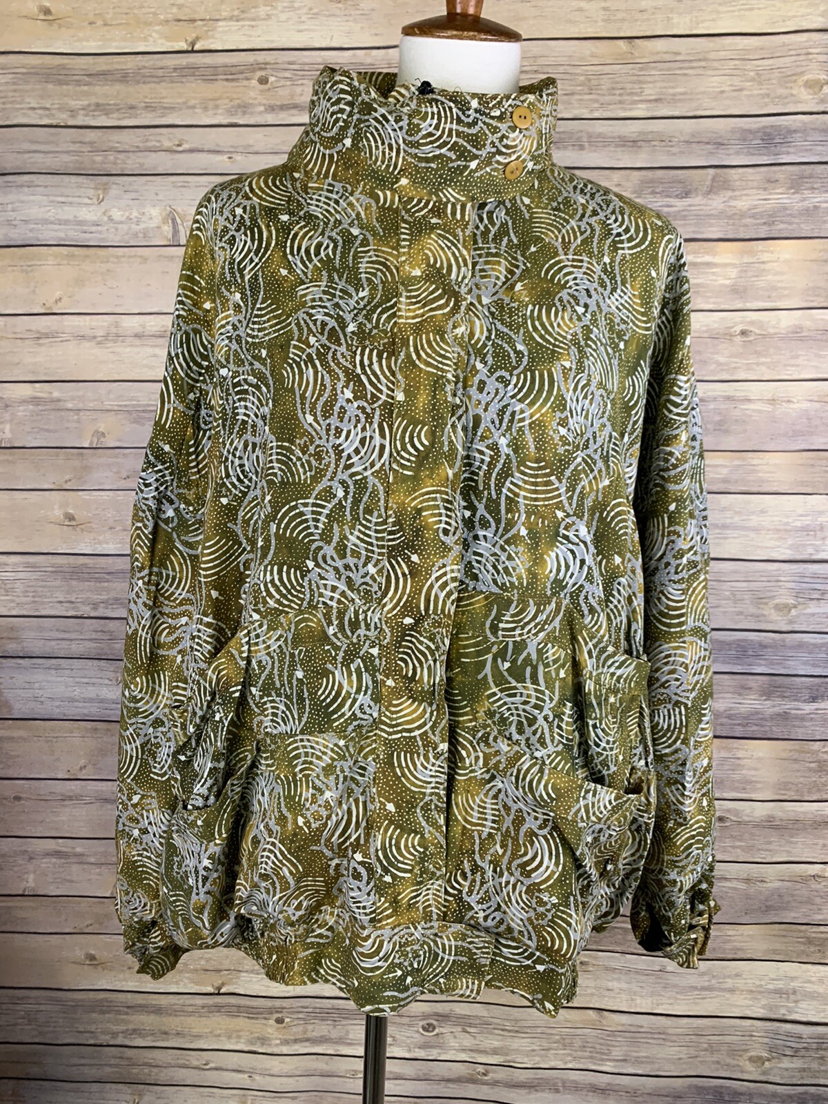 Vintage Passports Pier 1 Womens Large Jacket Batik Boho Zip Front Green Tie Dyed