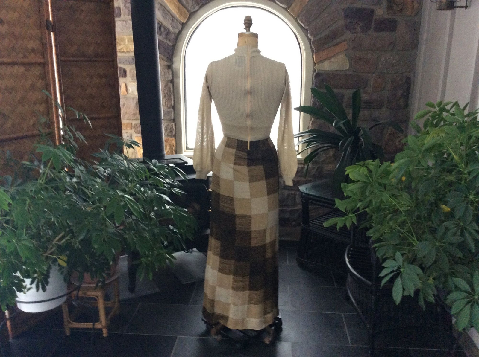 Vintage 1970s Wenjilli Metallic Lurex Knit Gold Black Formal Maxi Dress