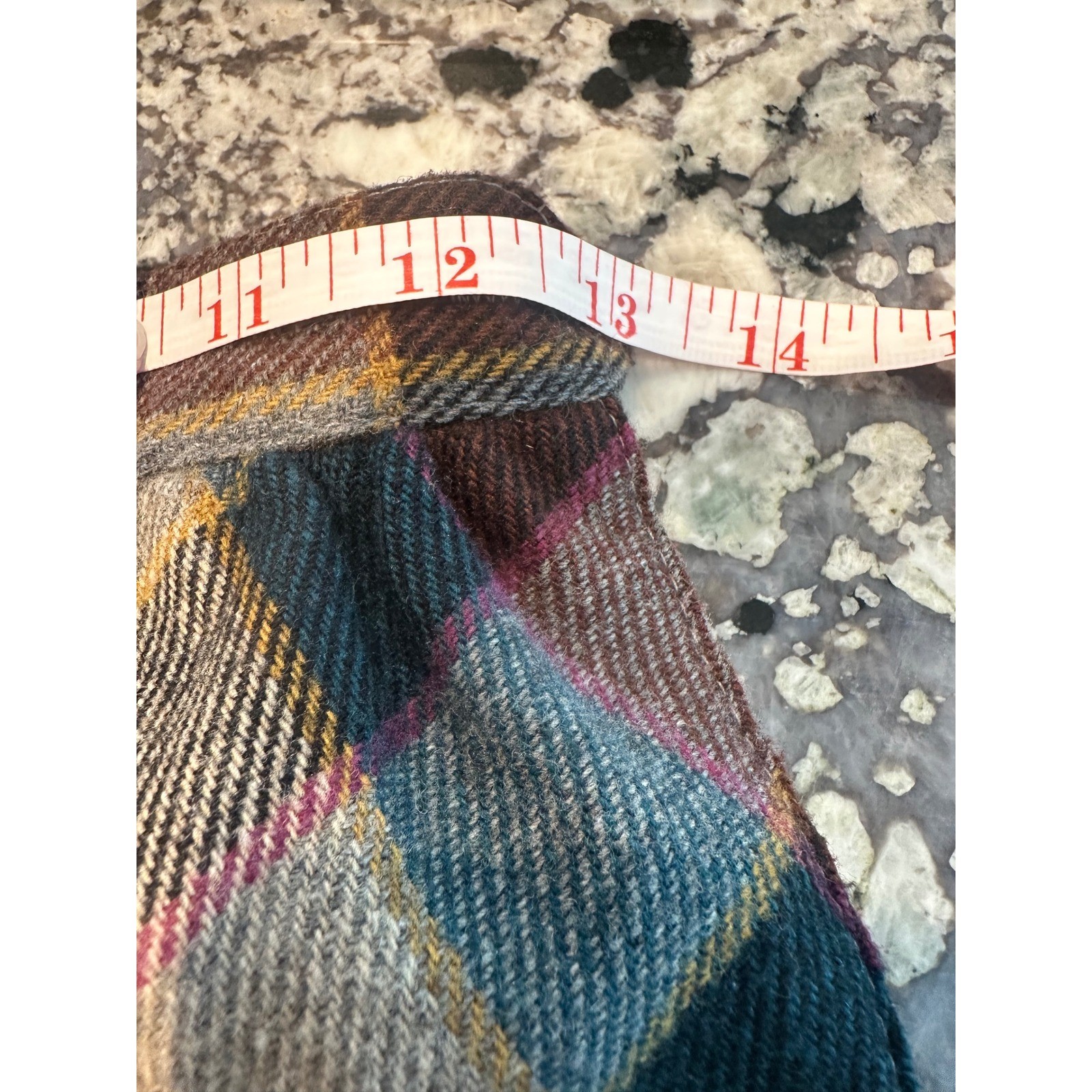 Vintage Koret Plaid Wool Blend Midi Skirt Burgundy Teal Made in USA Size 25 inch