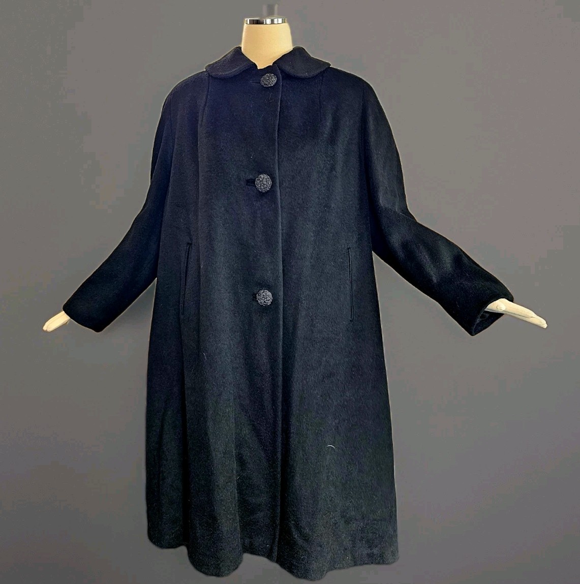 Vintage 1950s Swing Coat Jacket Black Wool Collar Buttons Pinup Rockabilly