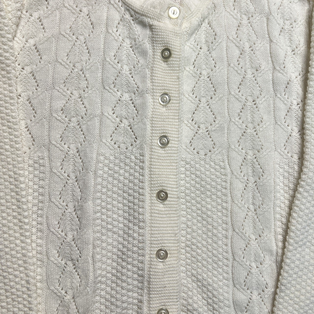 Vintage 60s Waffle Cable Knit Textured Cardigan Sweater White Button Up Cottage
