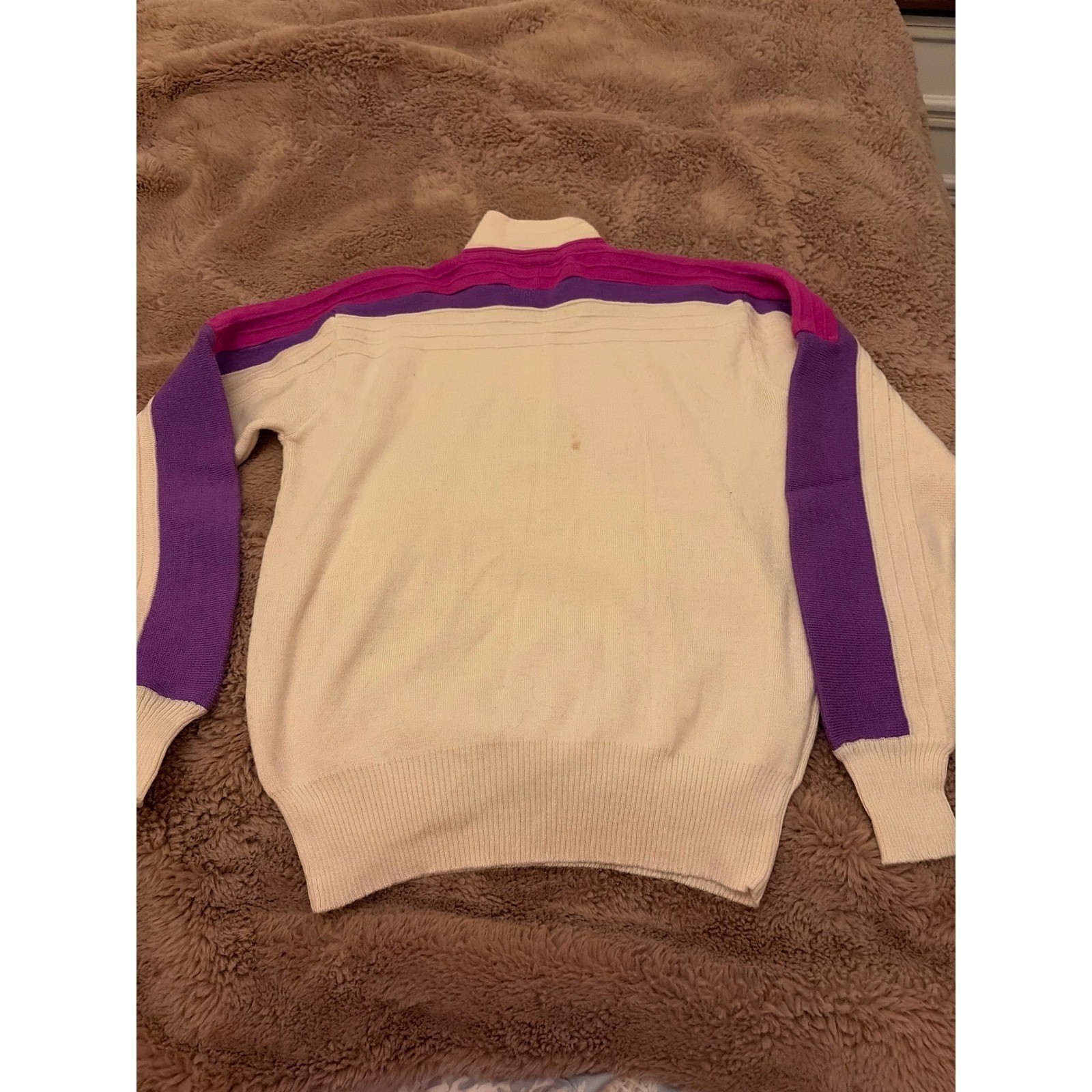 Vintage Meister Womens Wool Blend Quarter Zip Ski Sweater Cream Purple Pink L