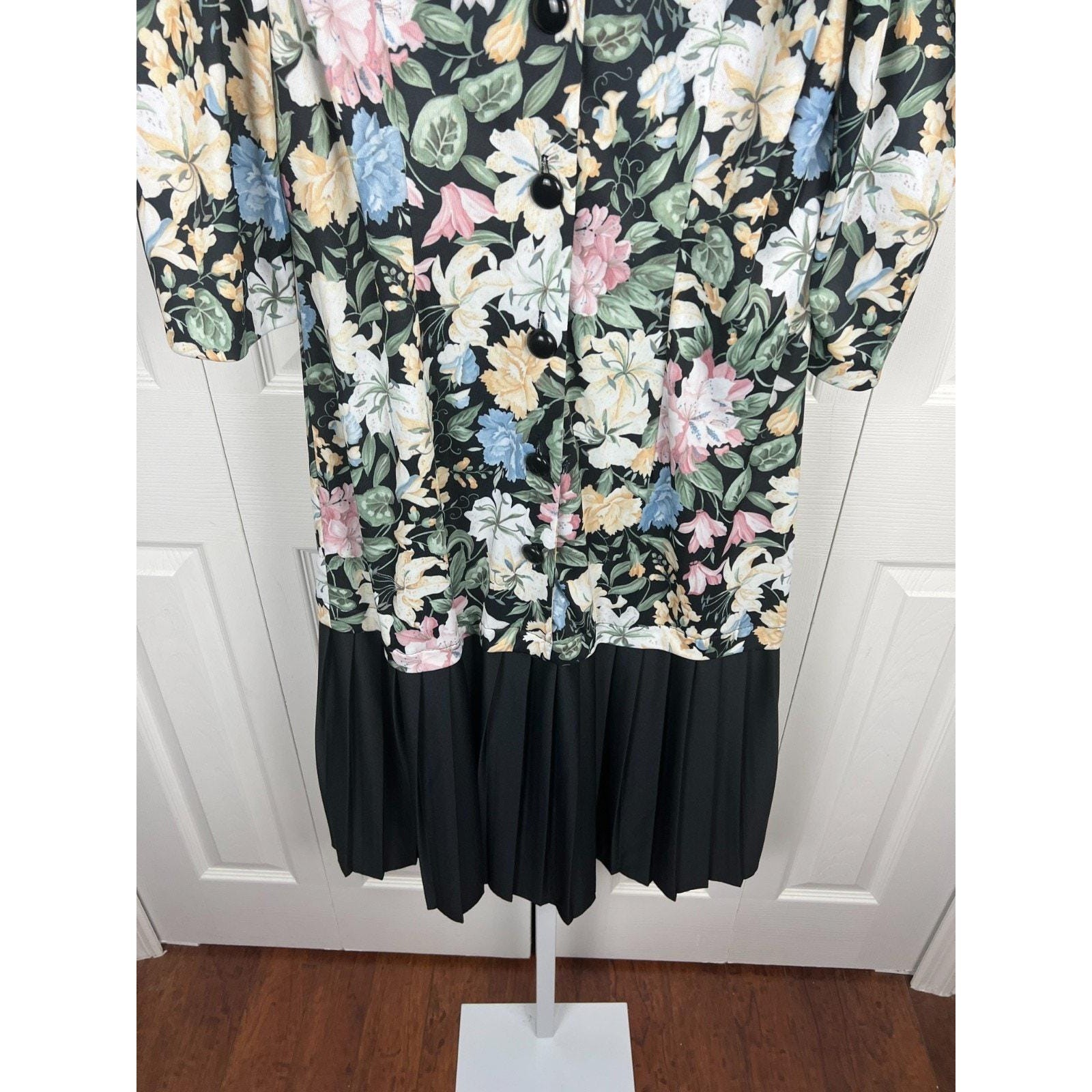Jenny Vintage 90s Floral Midi Dress Cottagecore Grunge Secretary Black Multi 14