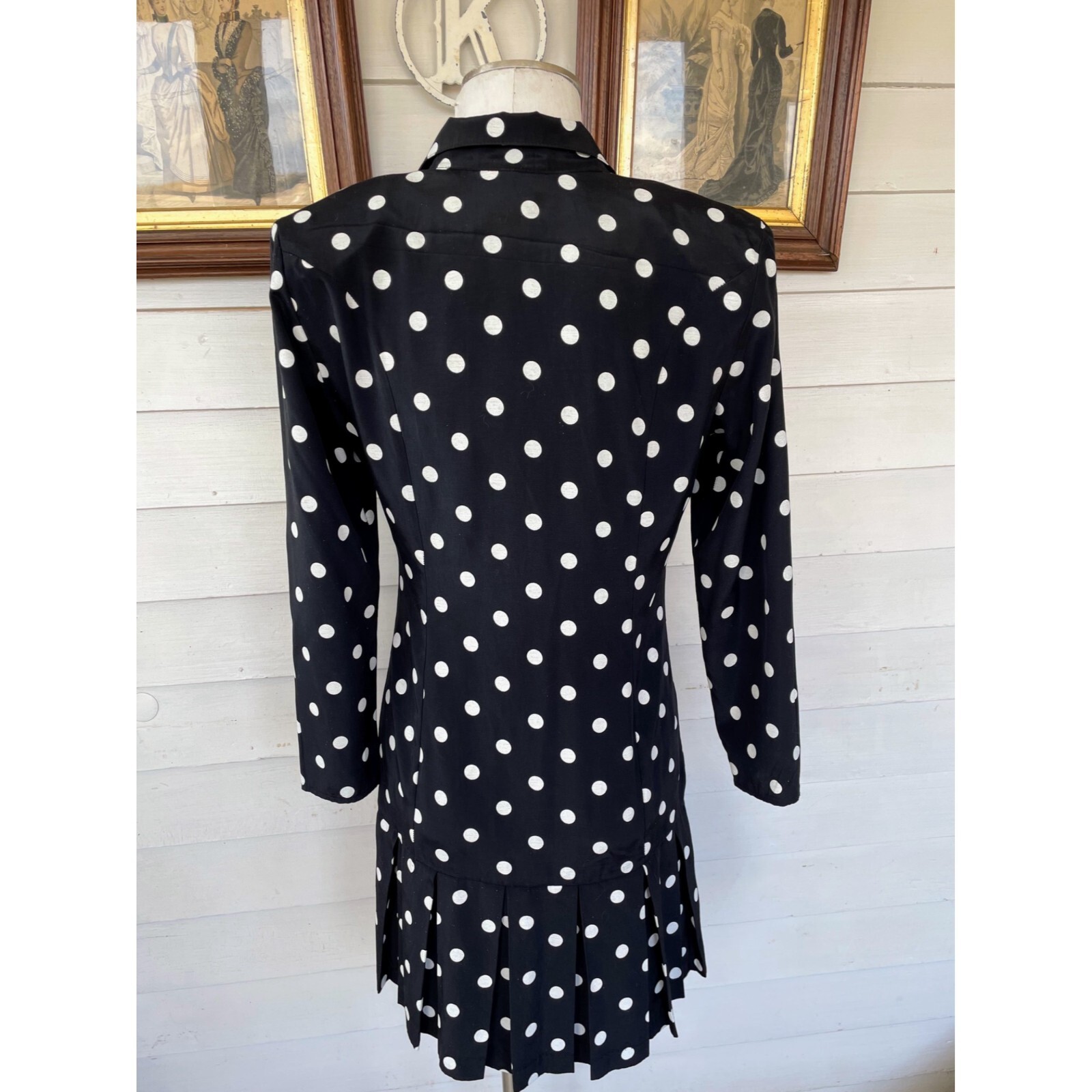 Vintage 1980s Black White Polka Dot Pleated Dress