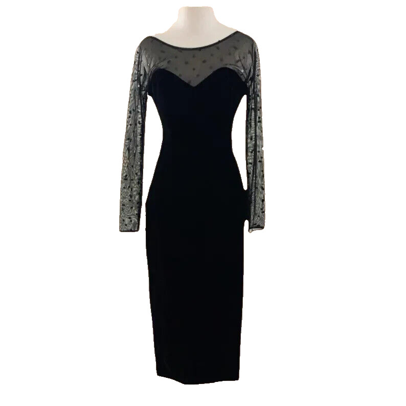 Michele Vincent Sexy Black Velvet Evening Dress w/Chiffon/Sequins Sz: 11/12 B37
