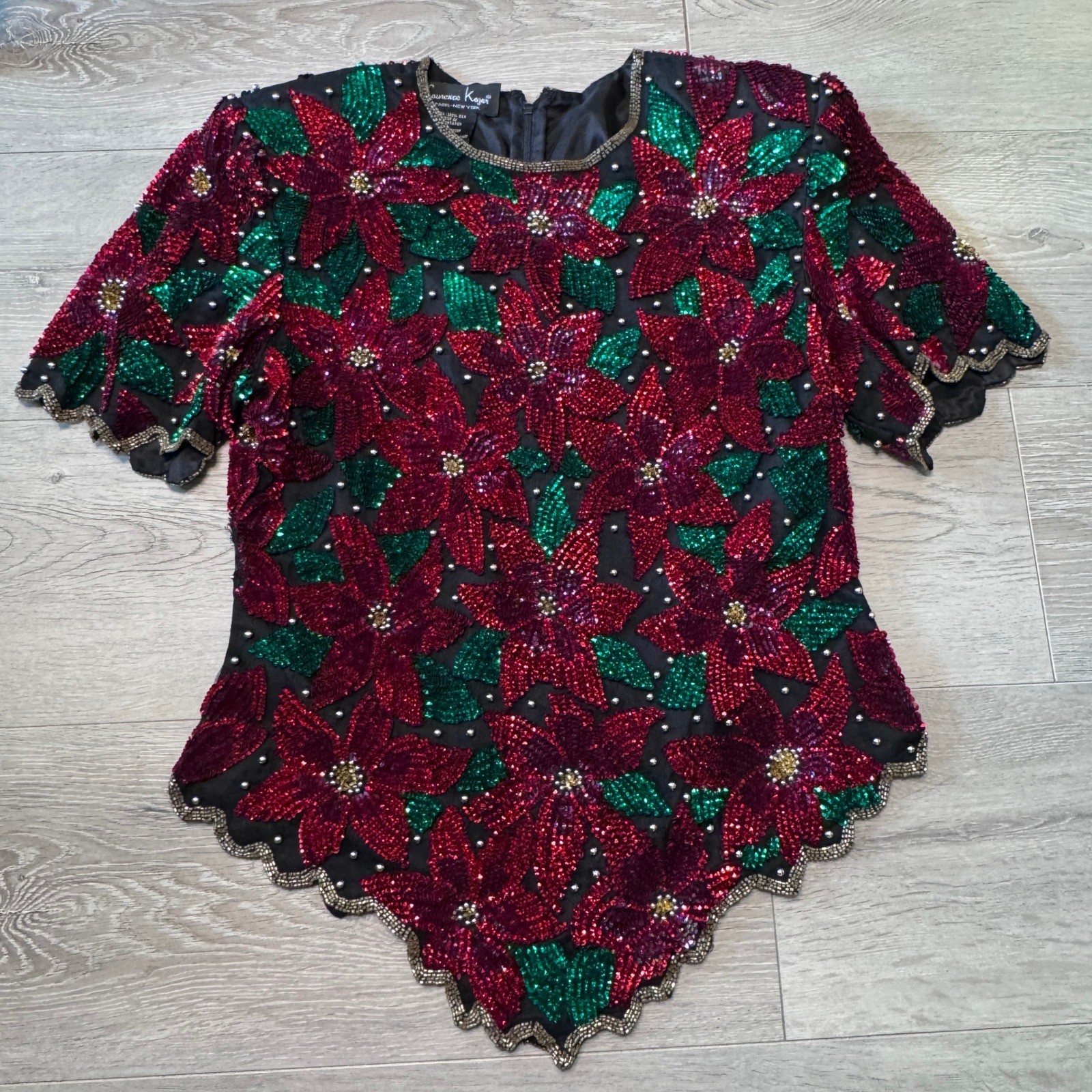 Laurence Kazar Vintage Silk Sequin Poinsettia Blouse Red Green Holiday Top Large