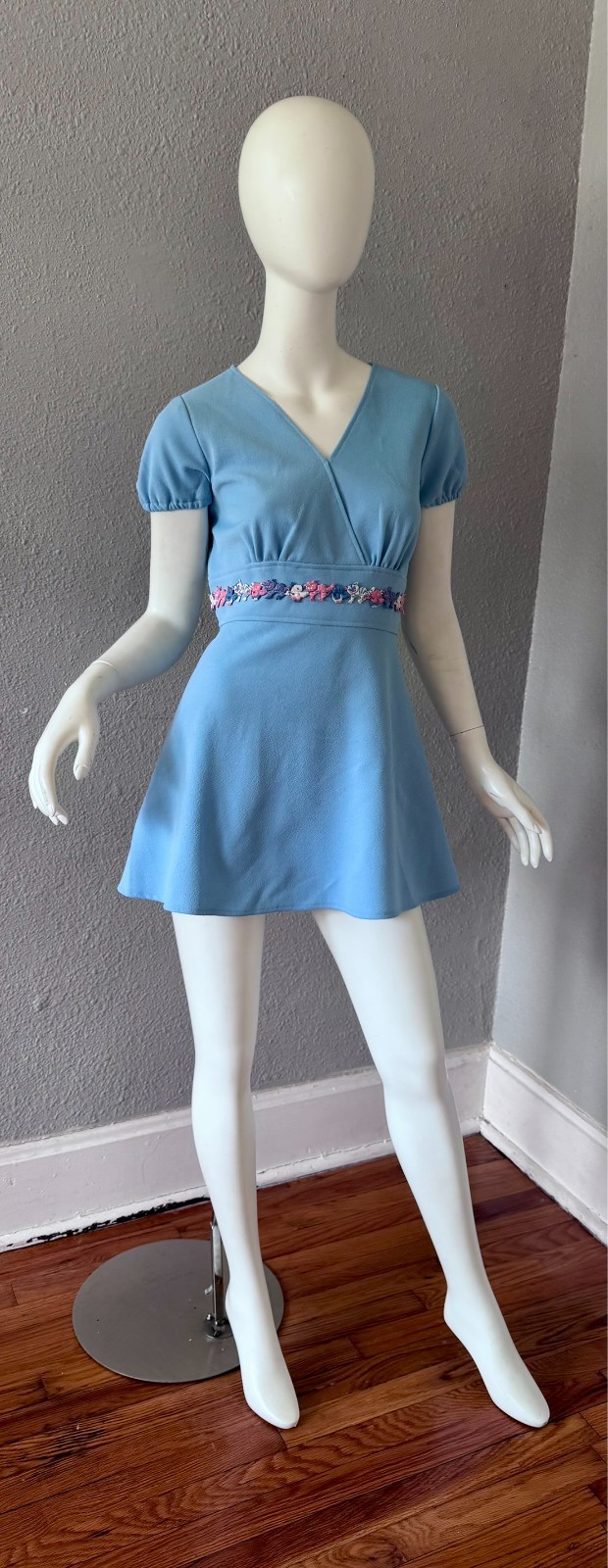 Vintage 60s Blue Mod Go-Go Babydoll Micro Mini Dress M