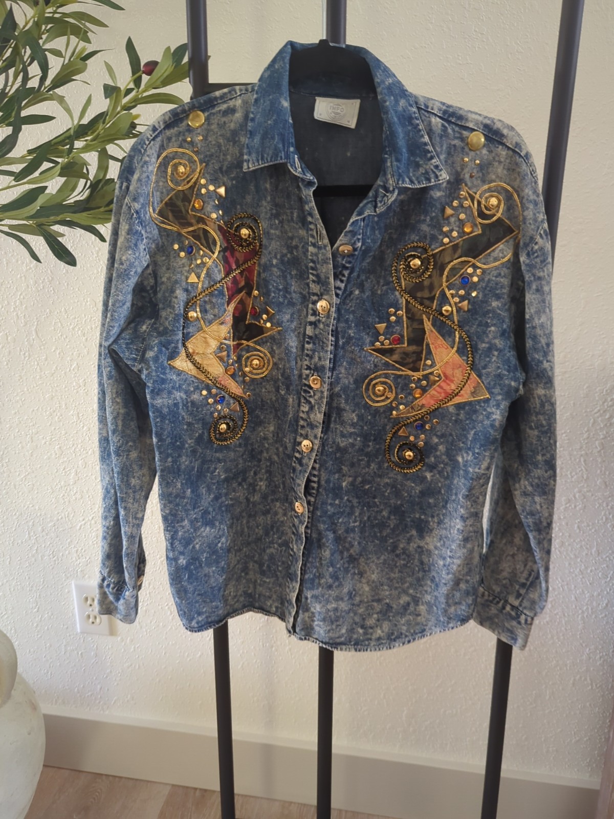Info Vintage Acid Wash Denim Beaded Floral Shirt Betty Bleu Padded 1990’s Mom