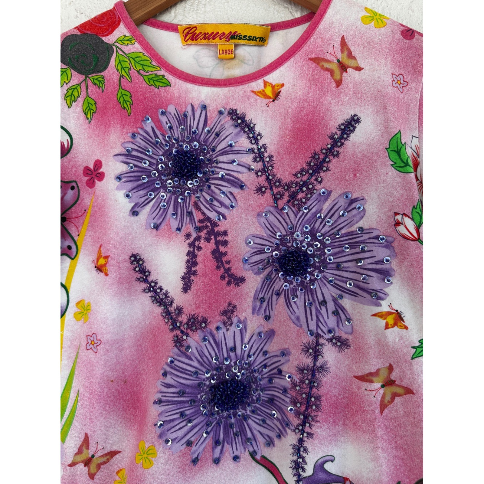 Miss Sixty Vintage Y2K Pink Butterfly Fairy Sequin Baby Tee Women Small Coquette