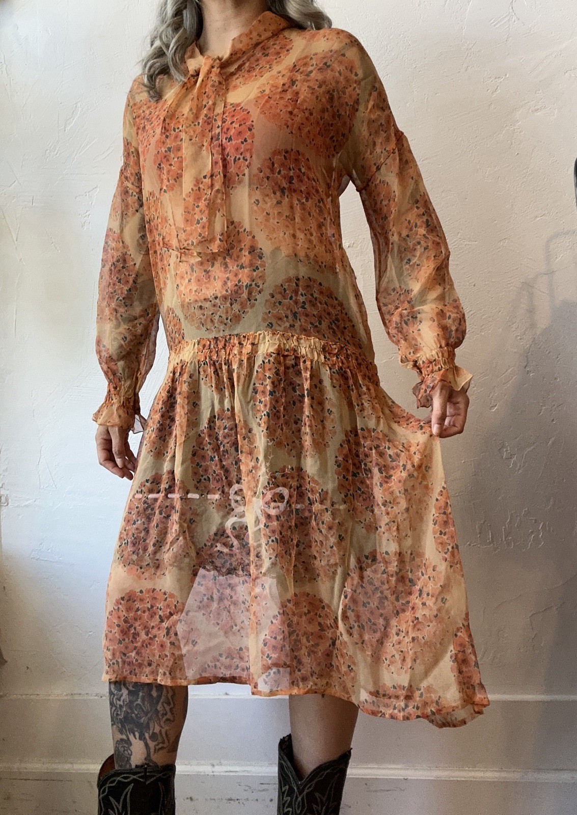 20s 30s Vintage Sheer Drop Waist Chiffon Dress Large Floral antique
