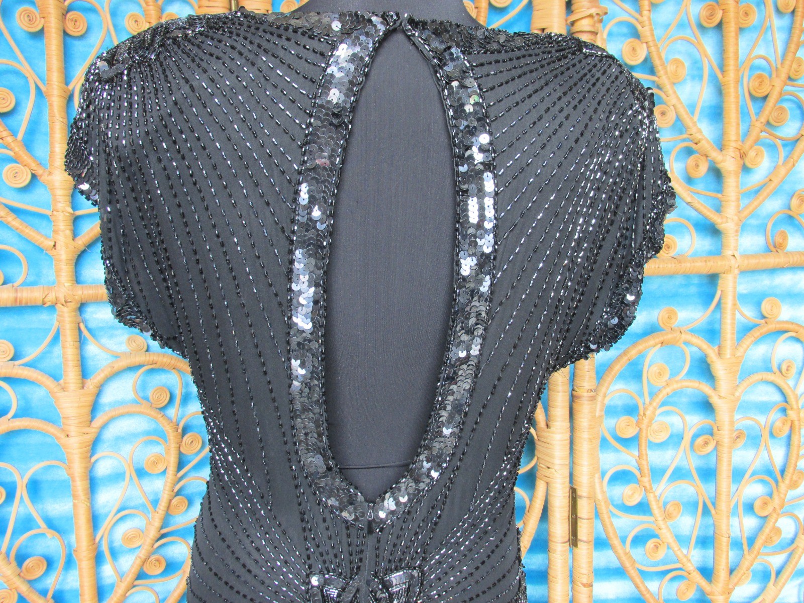 Vintage Para Black Silk Beaded Gown Sheath Keyhole Back Flared Hem SZ 10