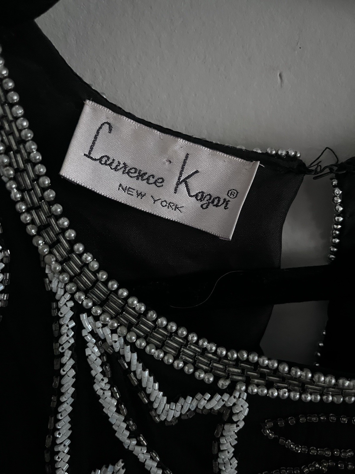Vintage Womens XL Top Laurence Kazar Black Silver Sequin Beaded Blouse Gatsby