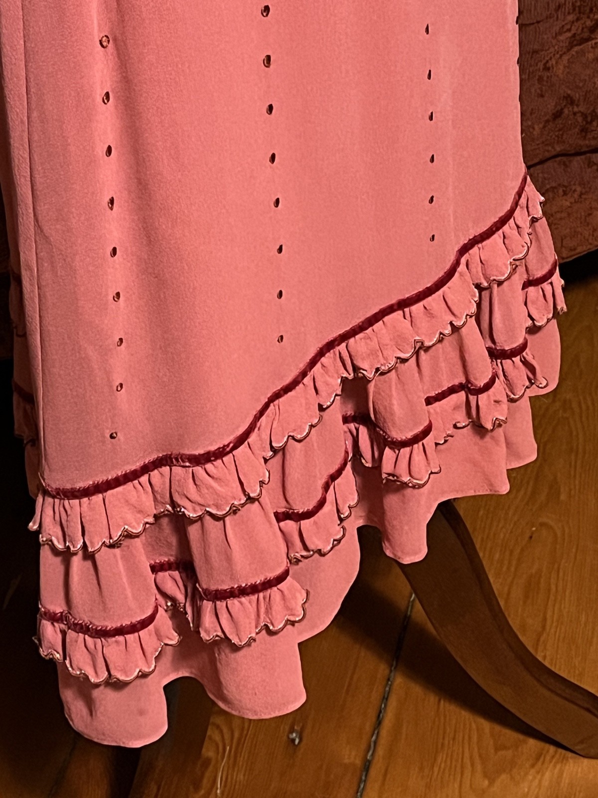 Vintage Anthropologie Lithe Dress- Size 4- Pink Ruffle- Red Velvet & Silk Lining