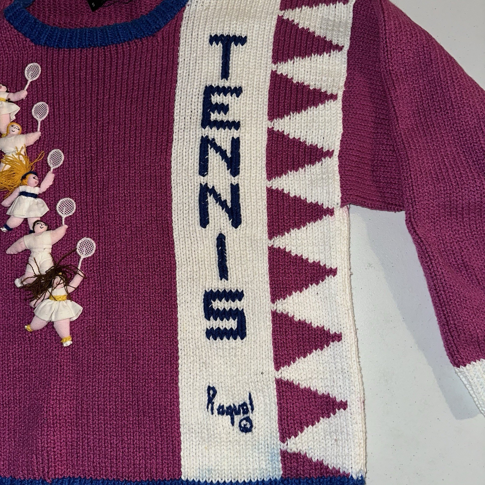 Vintage 1980s Raquels Collection 3D Tennis Knit Sweater Size Small Colorblock