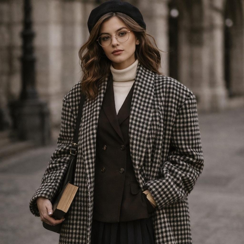 Wellington Fashions Vintage 80’s Houndstooth L Coat Black White Wool Blend