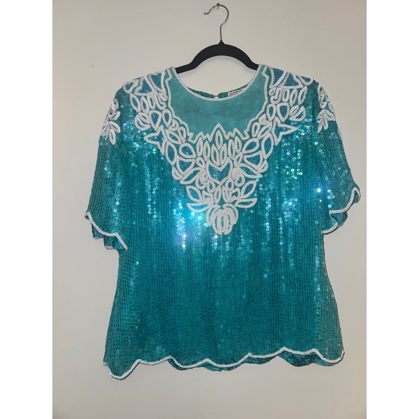 Channa Vintage Turquoise Sequin Silk Beaded Evening Top Teal Blue Scalloped M