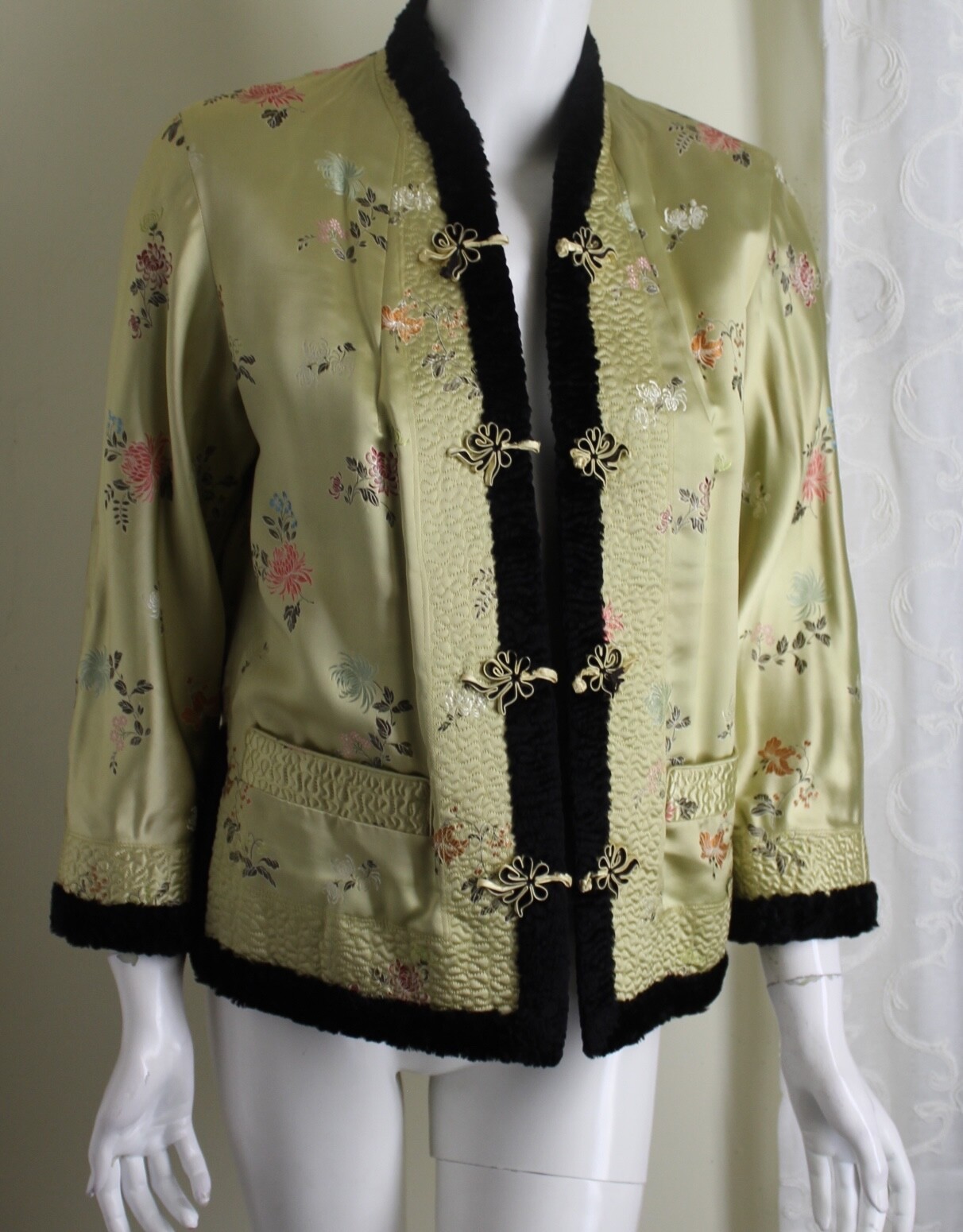 Estate Vintage Chinese Satin Faux Fur 60s 70s Blazer Jacket Sz S M