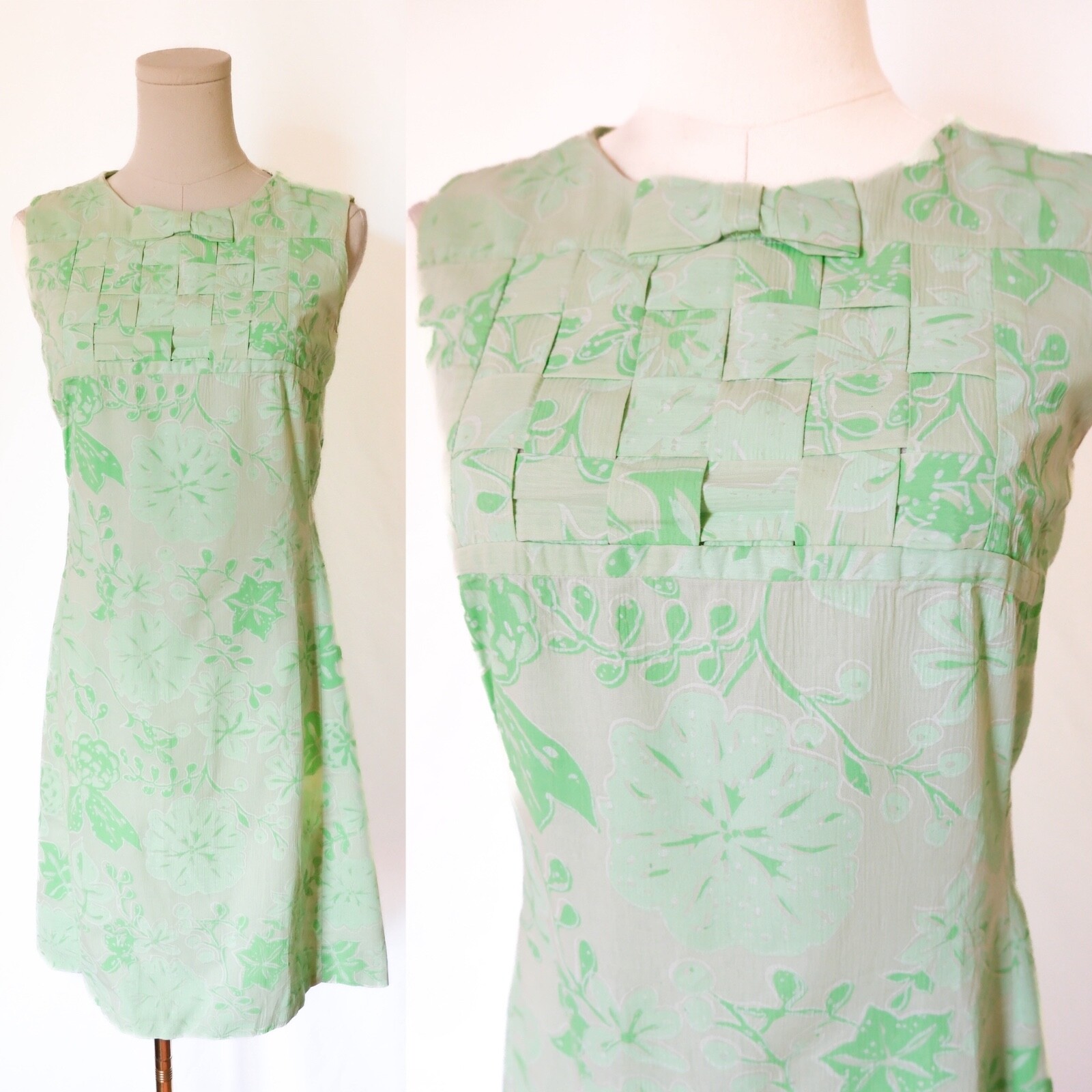 Vintage 60s Lime Green Floral Sleeveless Shift Dress w Cut Out Weave Pattern SM